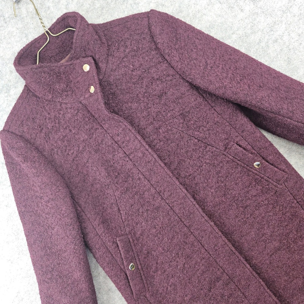 LOFT Wool Blend Funnel Neck Long Coat Women XS Purple Boucle Zip Snap Winter